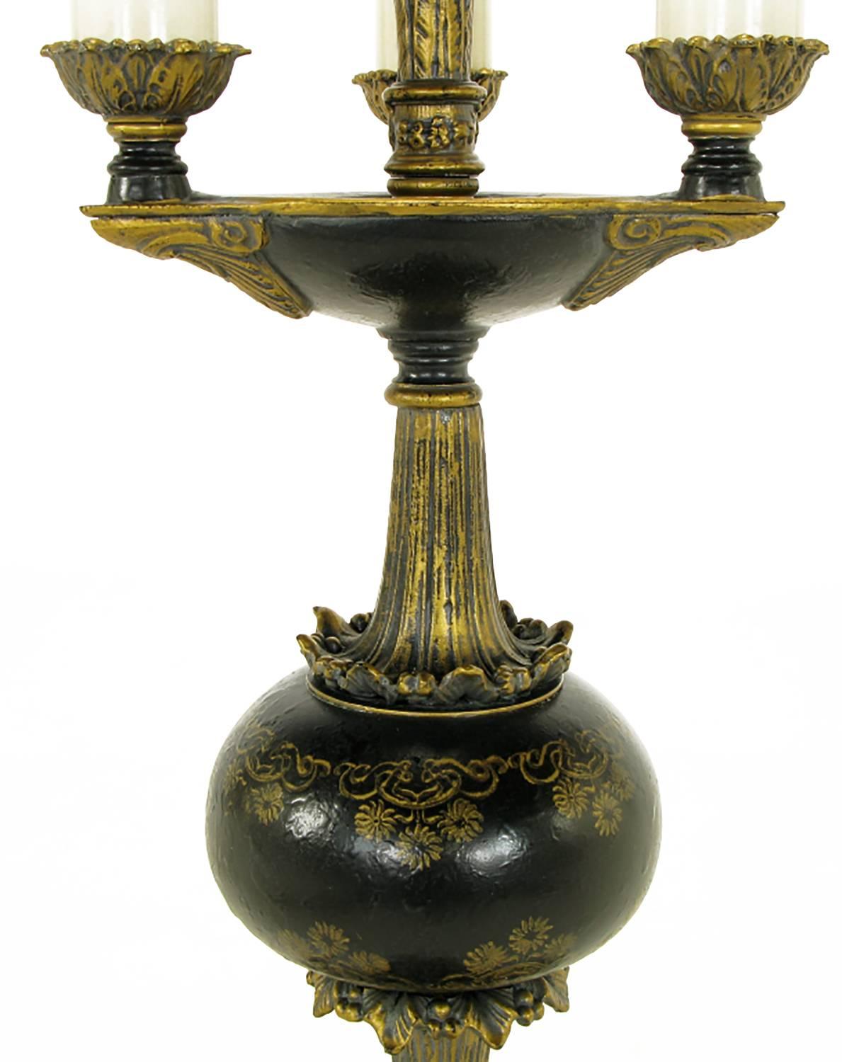 Mid-20th Century Elegant Pair of Empire Table Lamps in Black Lacquer and Gold Leaf