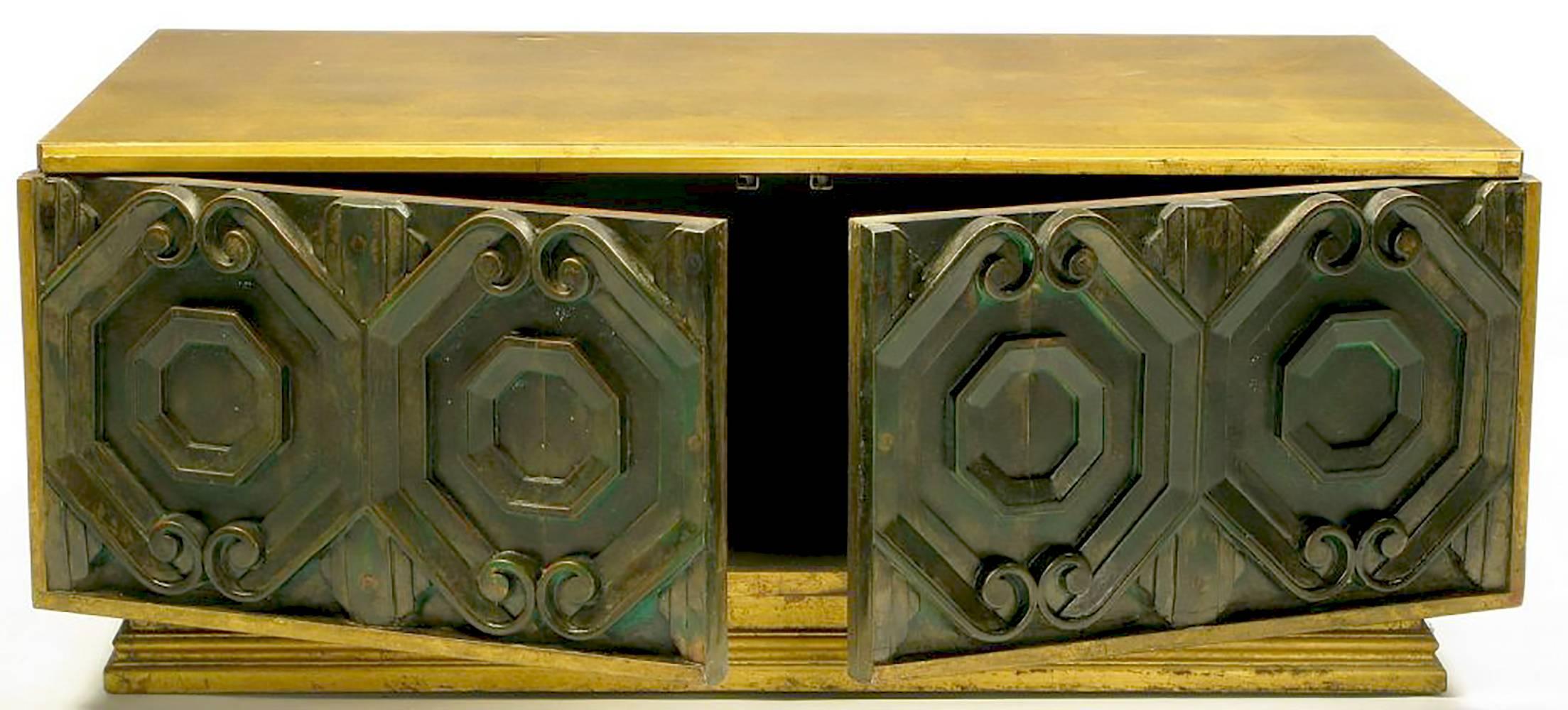 This unusual and rare two-door low cabinet by Phyllis Morris can be used as a coffee table, or as an oversized end table. The unique designs and detailing of products from Phyllis Morris's atelier earned the Beverly Hills entrepreneur the sobriquet