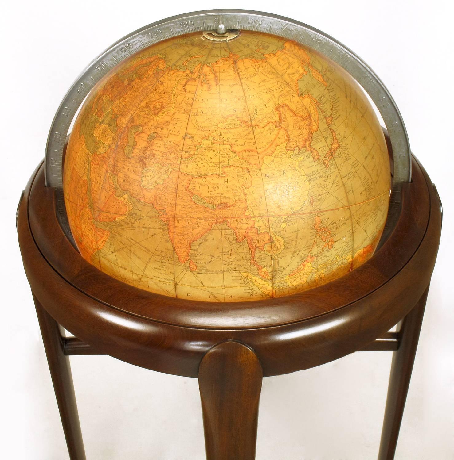 Replogle Illuminated Glass Globe on Mahogany Articulated Stand, circa 1940s In Excellent Condition In Chicago, IL
