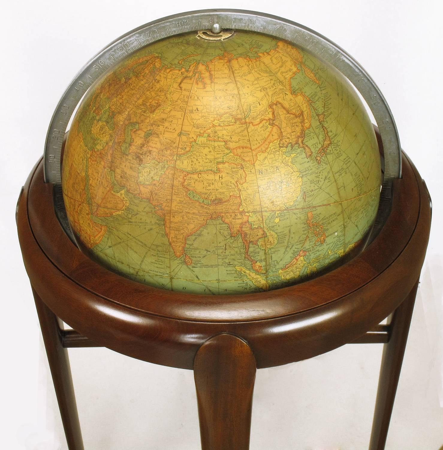 American Replogle Illuminated Glass Globe on Mahogany Articulated Stand, circa 1940s
