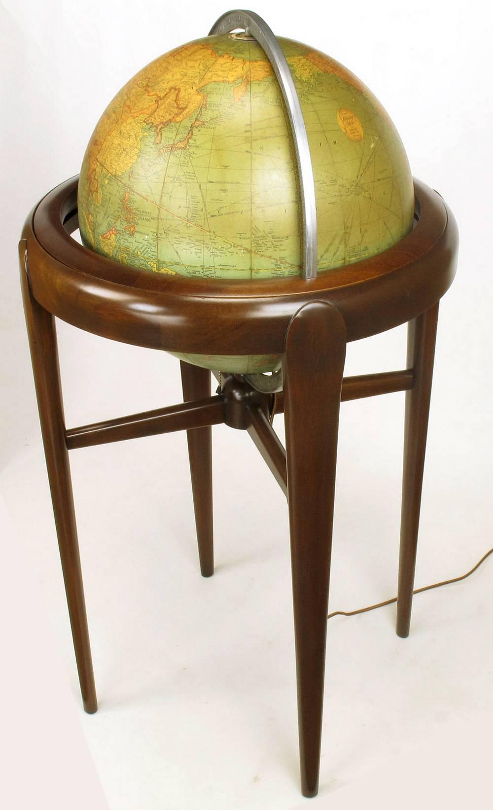 Mid-20th Century Replogle Illuminated Glass Globe on Mahogany Articulated Stand, circa 1940s