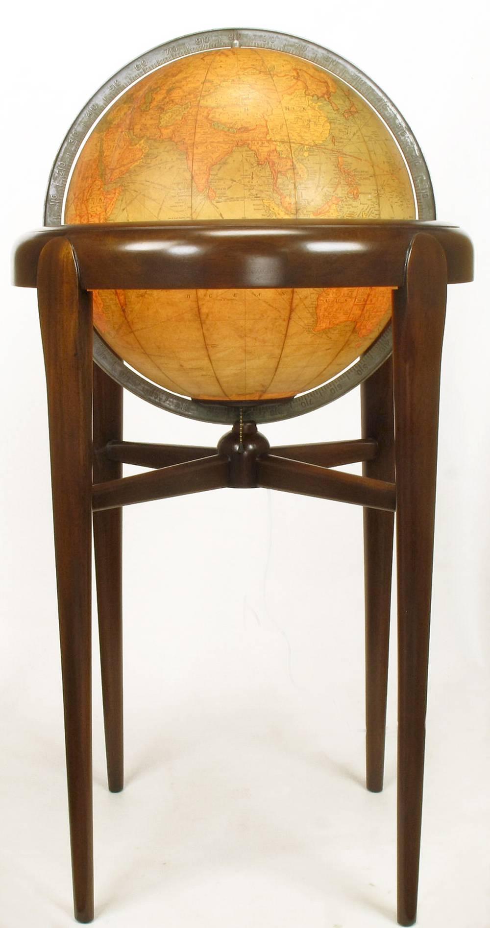 Replogle Illuminated Glass Globe on Mahogany Articulated Stand, circa 1940s 2