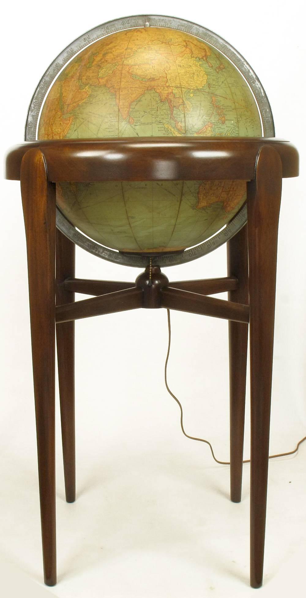 Replogle Illuminated Glass Globe on Mahogany Articulated Stand, circa 1940s 3