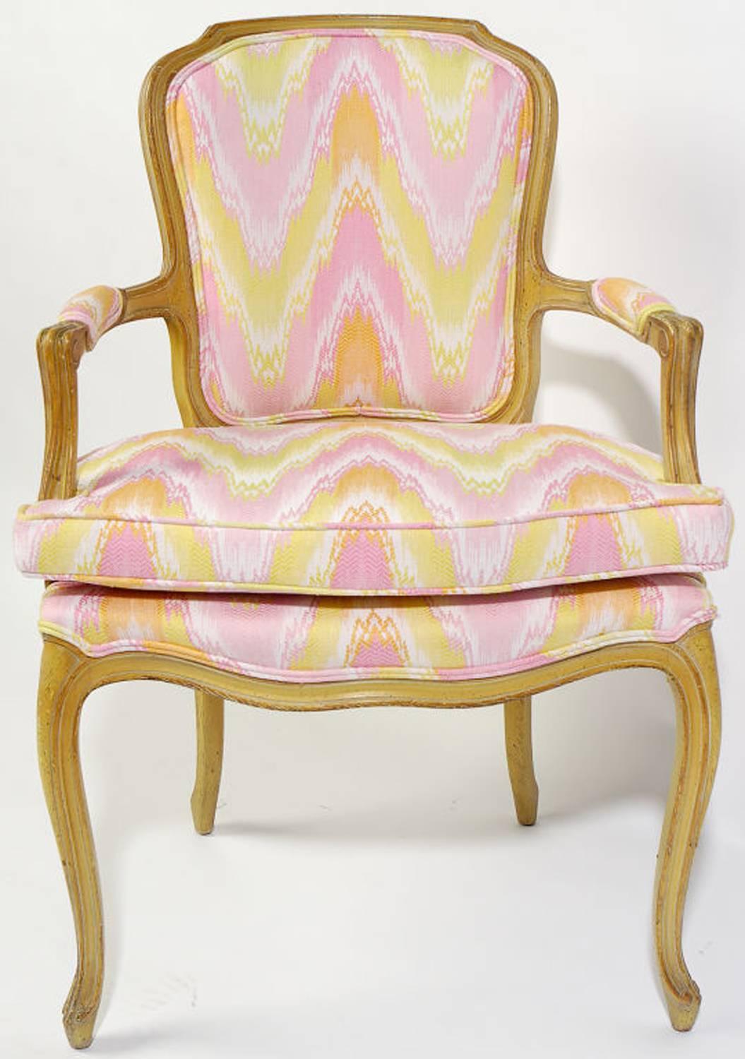 American Pair of 1940s Louis XV Style Fauteuils in Colorful New Flamestitch Upholstery