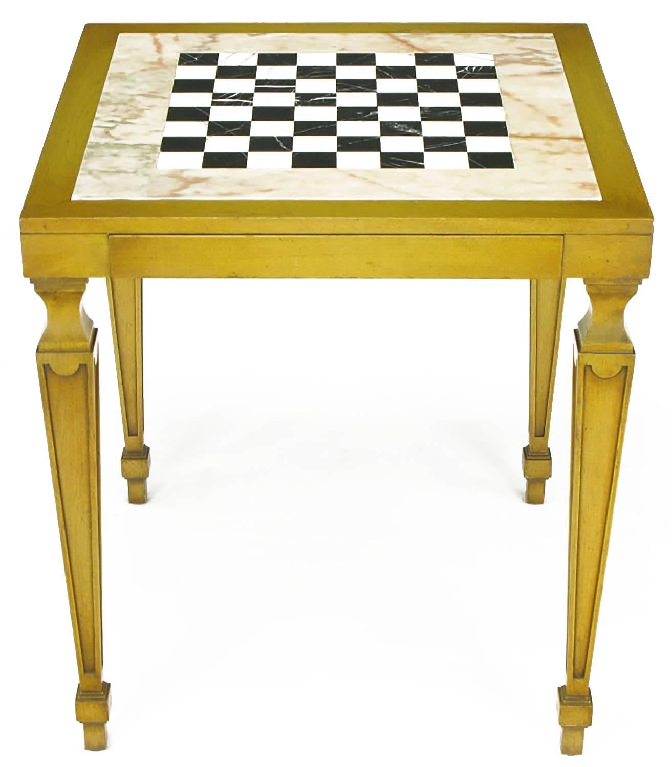 Bleached and glazed walnut French Regency style game table with a pair of side drawers. Uncommon marble inlaid top of creamy rouge veined marble surround with black and white Italian Carrara marble checker board inlaid center.
Marble game board 23