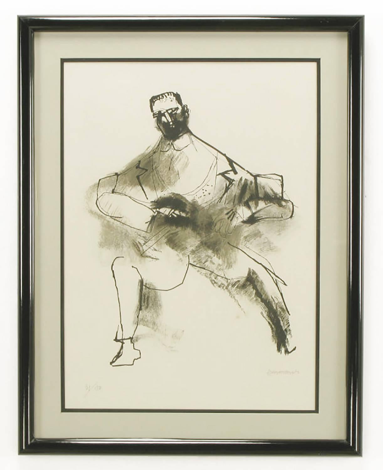 Abraham Rattner (1893-1978) signed and numbered limited edition abstract print of a man and his dog. Black and white with grey matting and black lacquered wood frame.

Rattner, who lived in Paris from 1920-1940, knew and studied the works of
