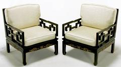 Pair of Ebonized and Parcel-Gilt Asian Club Chairs