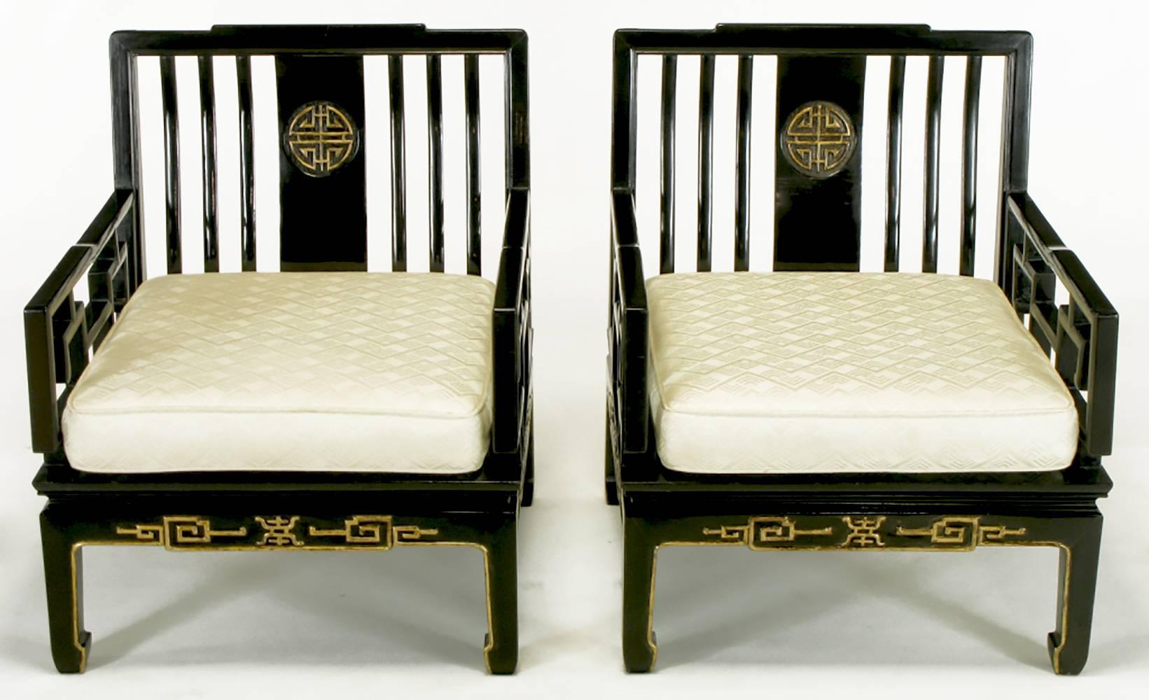 American Pair of Ebonized and Parcel-Gilt Asian Club Chairs For Sale
