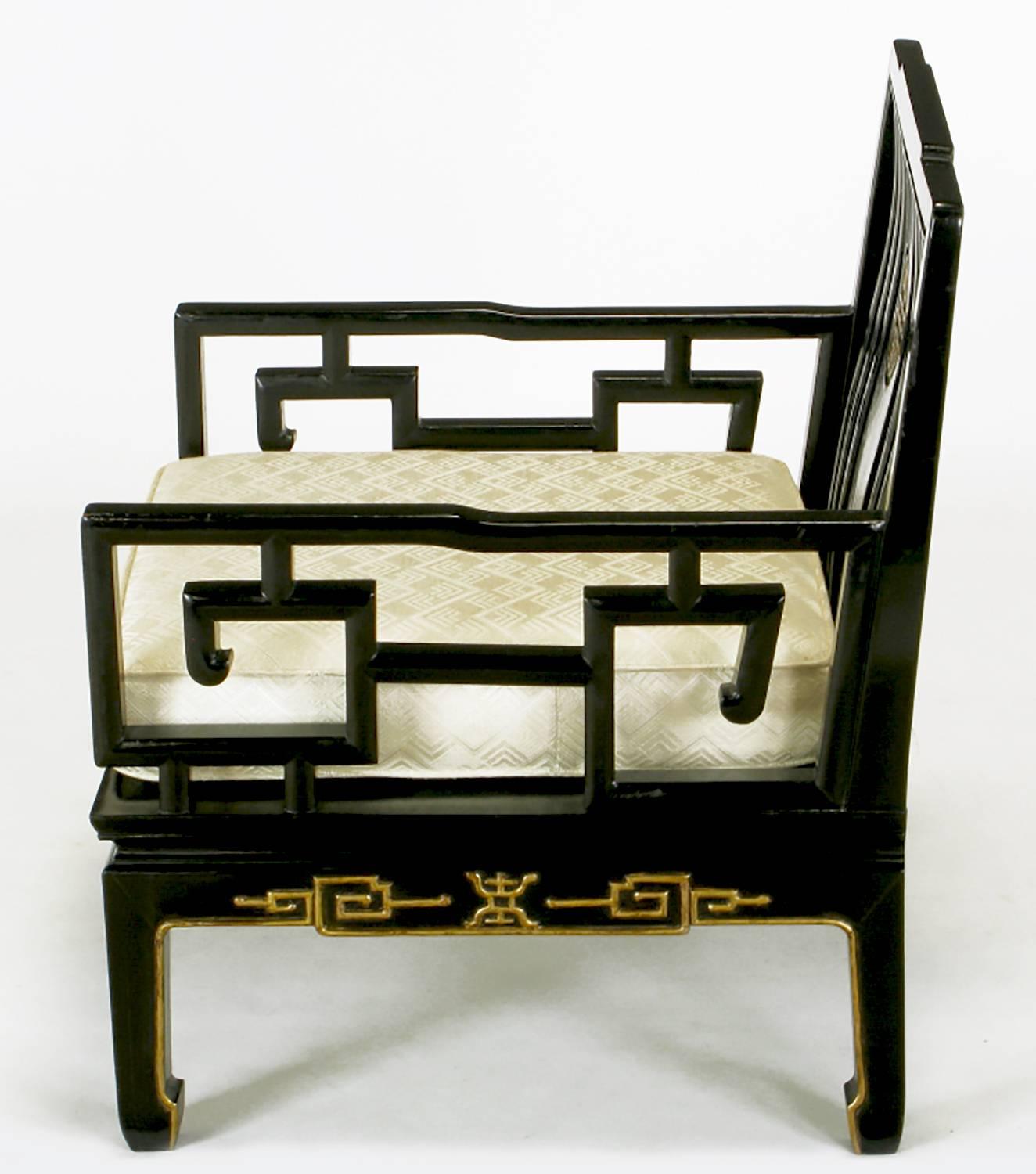 Gold Leaf Pair of Ebonized and Parcel-Gilt Asian Club Chairs For Sale
