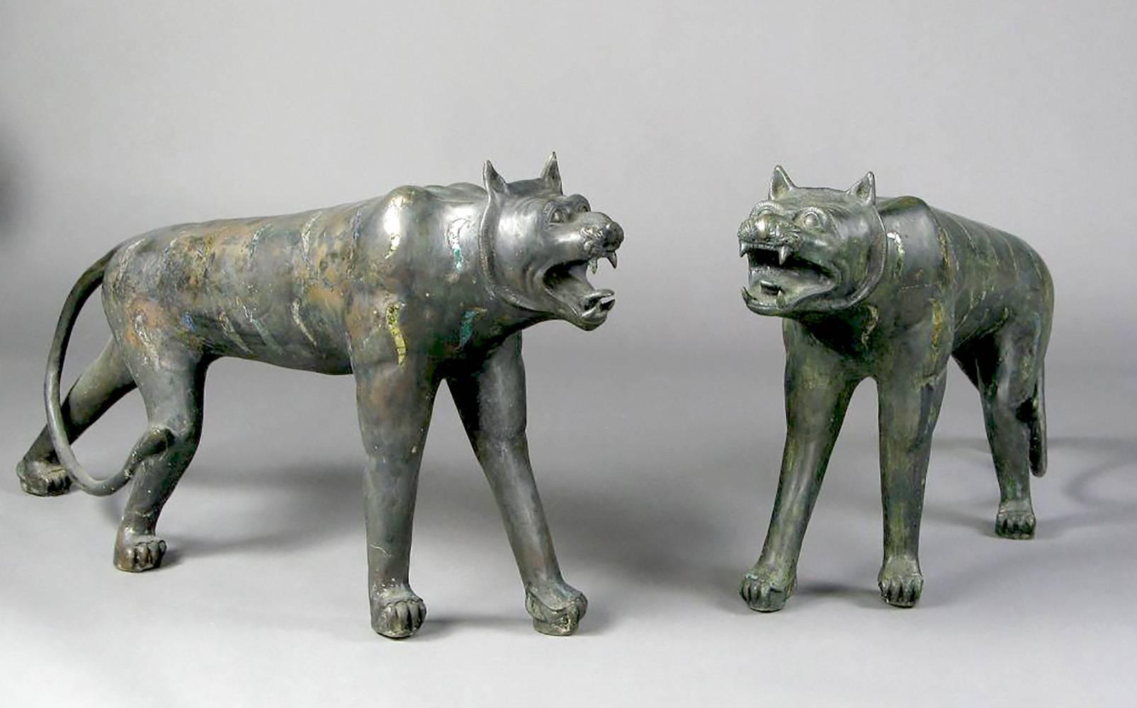 Questi due gatti della giungla in bronzo, tanto suggestivi quanto rari, sono probabilmente creature mitologiche, che ricordano molto da vicino le tigri o i leopardi. Una coppia abbinata, una è leggermente più grande dell'altra e la sua superficie in