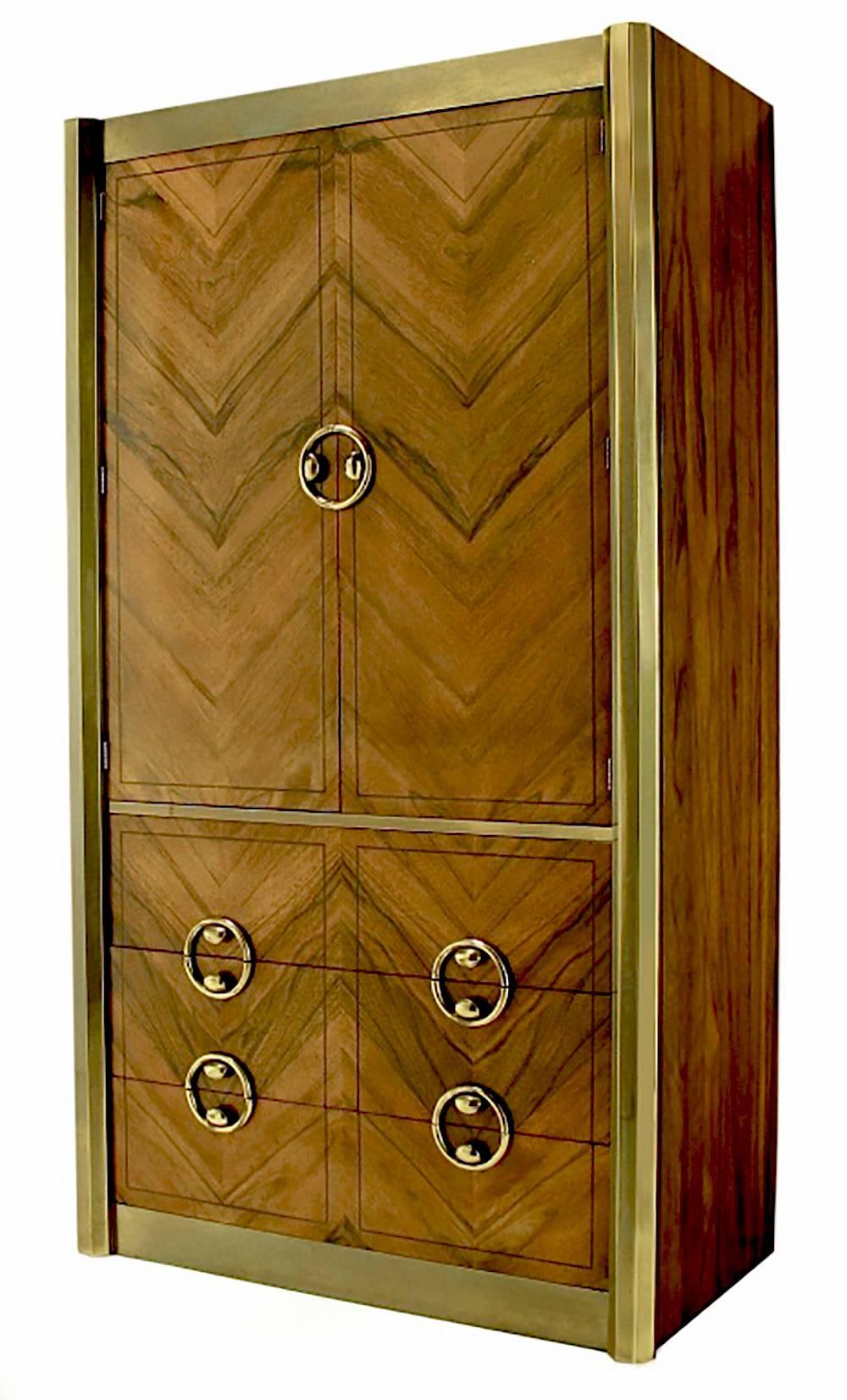 Mastercraft tall wardrobe with patinated brass details. Striking parquetry zebrano wood front in a zig zag pattern. Three lower drawers with upper open, single shelved section. Brushed and patinated demi-octagonal brass side pillars, brass panels to