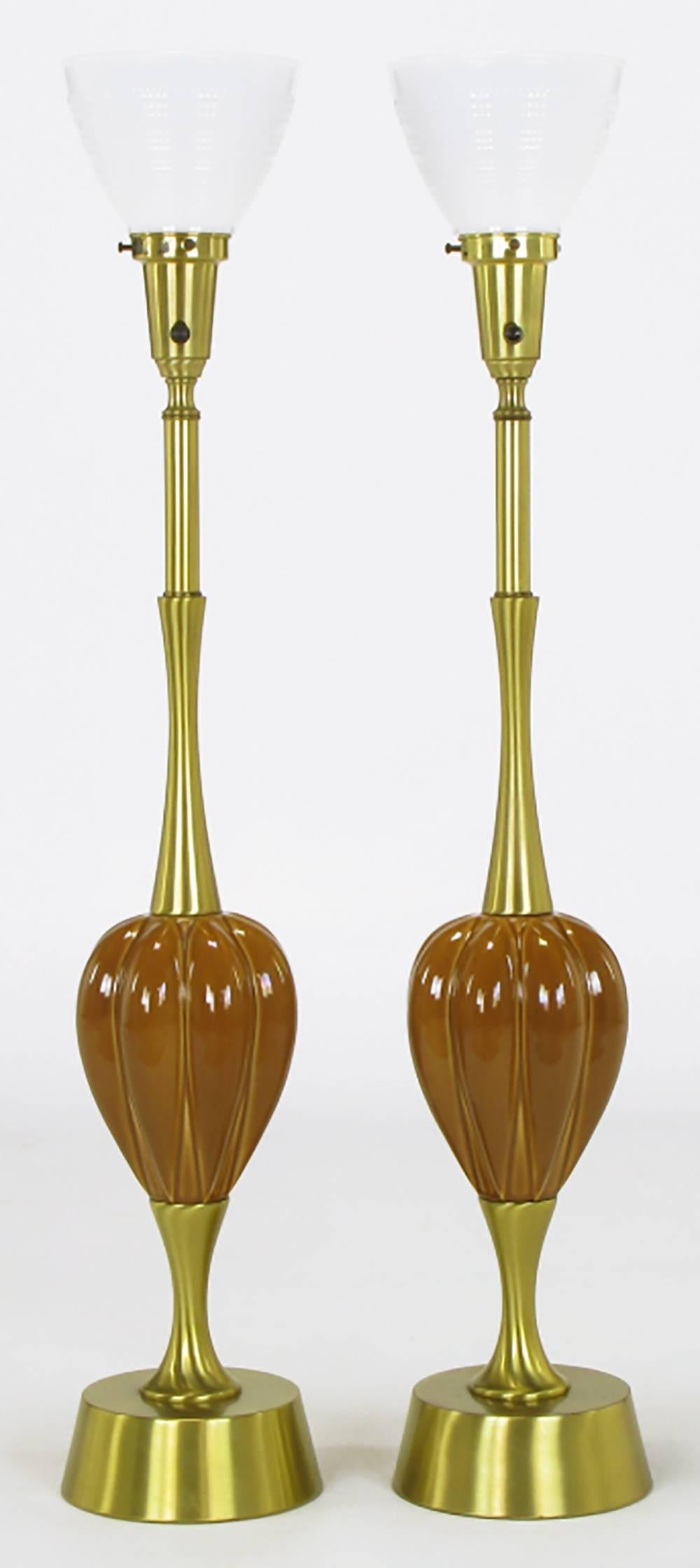 Pair of sizable brushed brass and umber ceramic inverted gourd form bodied table lamps by Rembrandt Lamp Company. Sleek and minimal base, stems and richly glazed ceramic gourd form body with milk glass diffusers.
