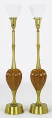 Pair of Rembrandt Lamp Company Brass and Ceramic Umber Melon Table Lamps