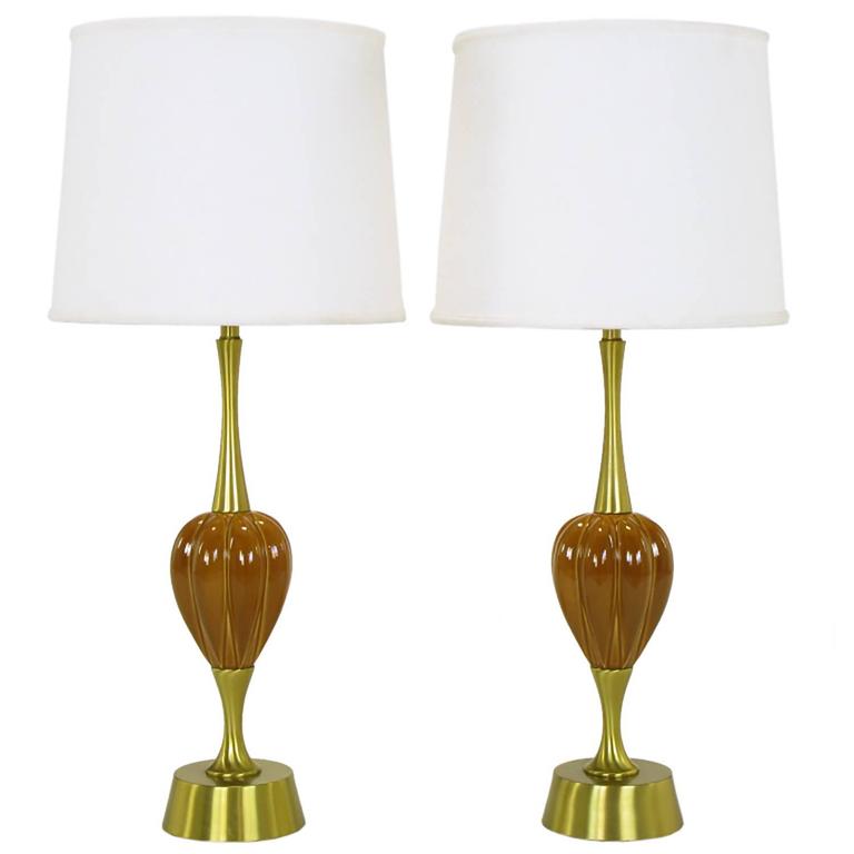 Pair Of Rembrandt Lamp Company Brass And Ceramic Umber Melon Table Pair Of Rembrandt Lamp Company Brass And Ceramic Umber Melon Table Lamps For