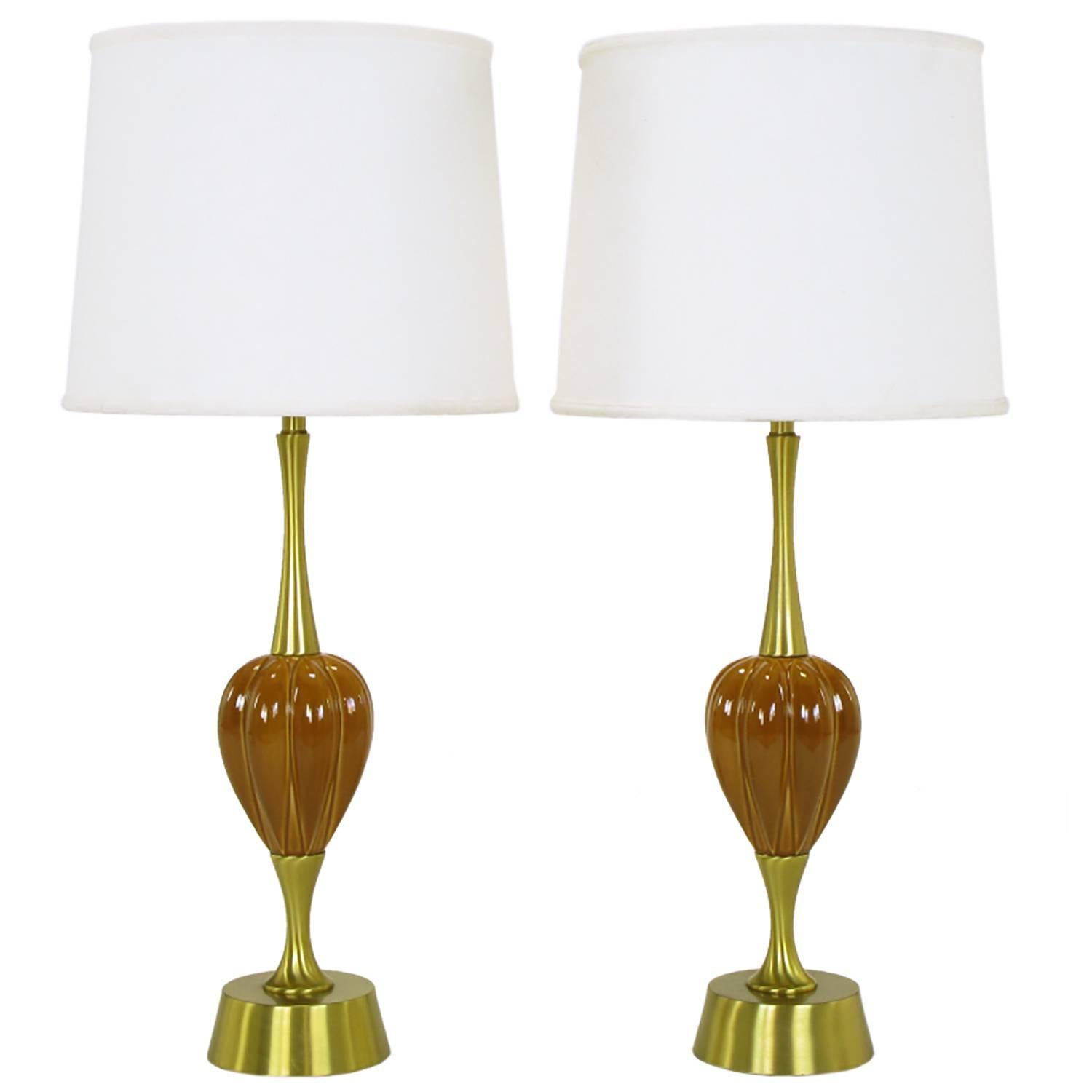 Pair of Rembrandt Lamp Company Brass and Ceramic Umber Melon Table Lamps For Sale