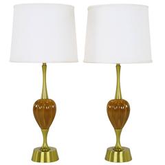 Pair of Rembrandt Lamp Company Brass and Ceramic Umber Melon Table Lamps