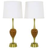 Pair of Rembrandt Lamp Company Brass and Ceramic Umber Melon Table Lamps
