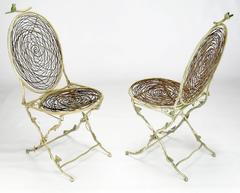 Four Iron Faux Bois Folding Chairs with Bird Nest Seats and Backs