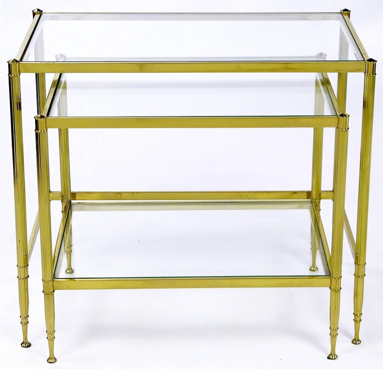 Two Italian Modern Brass and Glass Nesting Tables In Good Condition For Sale In Chicago, IL
