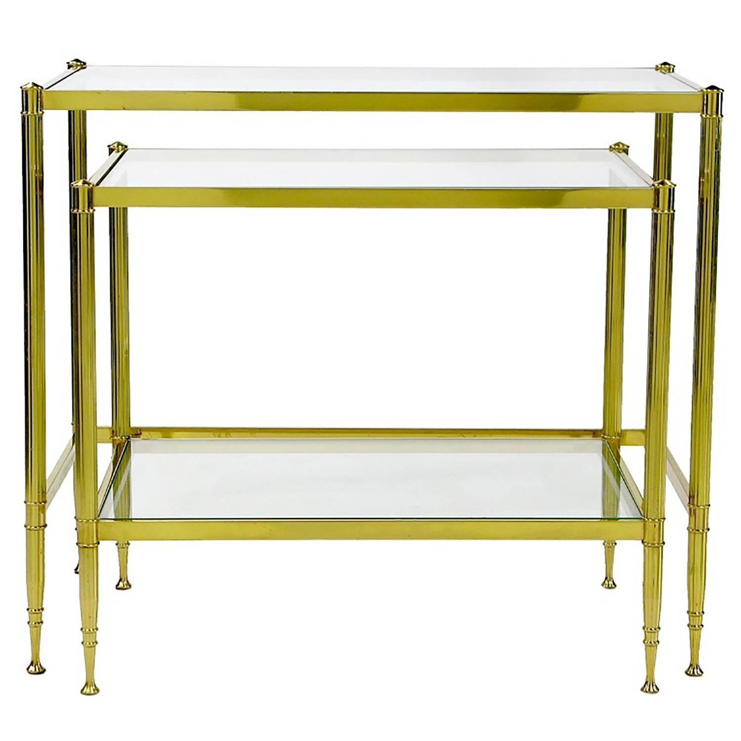 Two Italian Modern Brass and Glass Nesting Tables For Sale