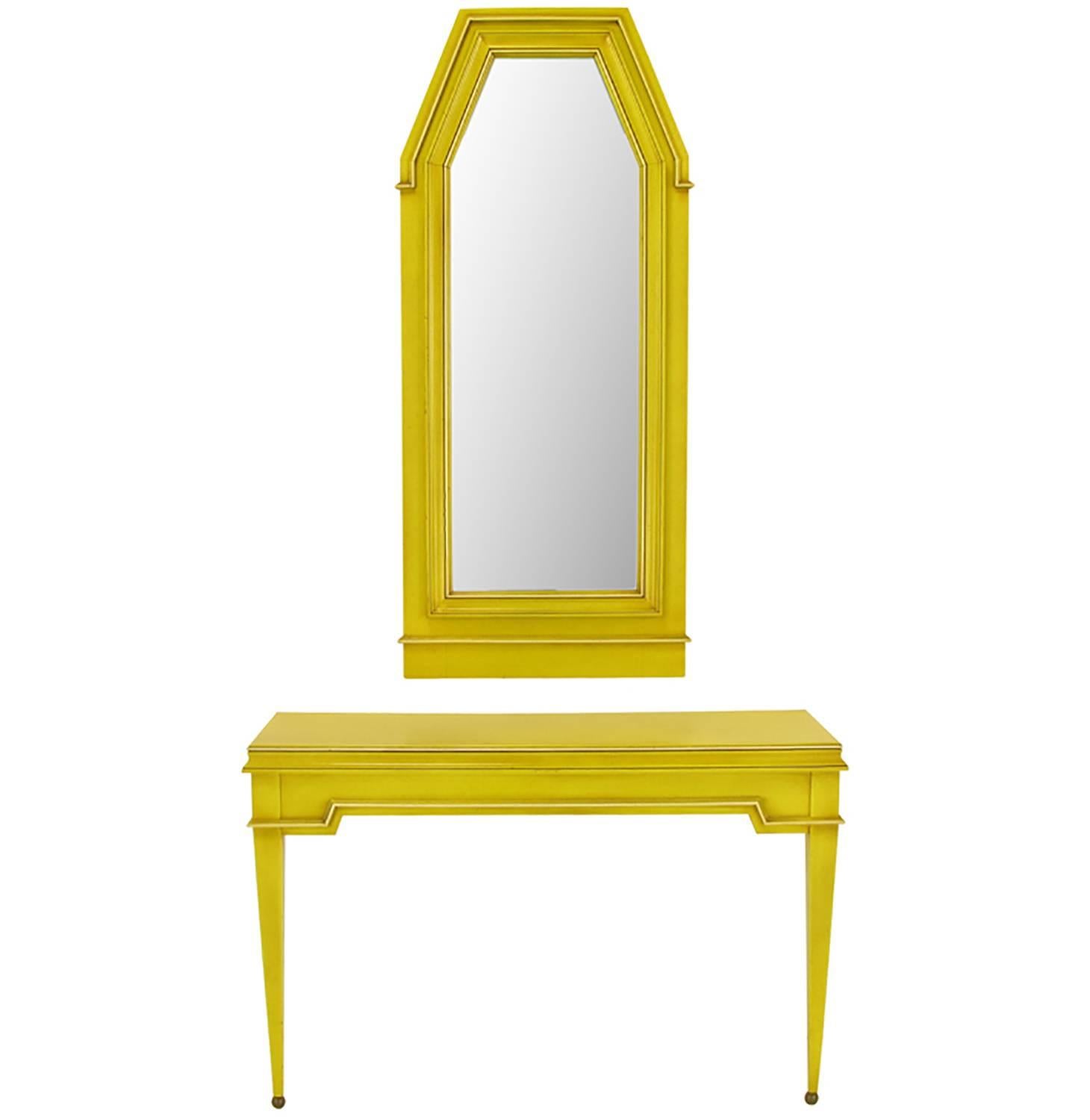 Empire Style Console and Mirror in Glazed Yellow Lacquer