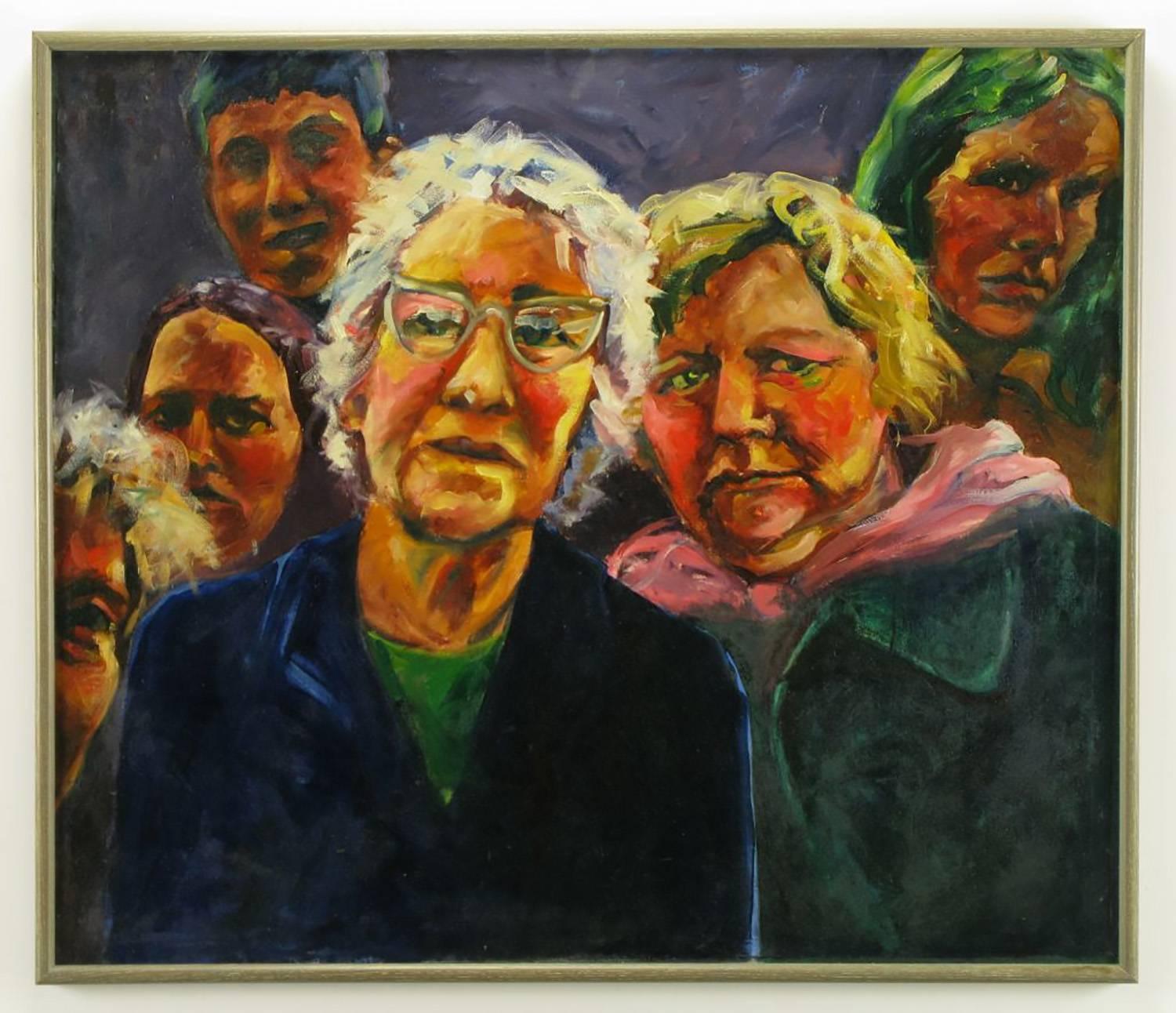 Large and colorful Expressionist painting of two curious women in the foreground, with four other people in the background. Oil on canvas with silver leafed wood frame. Unsigned, but authenticated by Chicago artist Nancy King Mertz as one of her