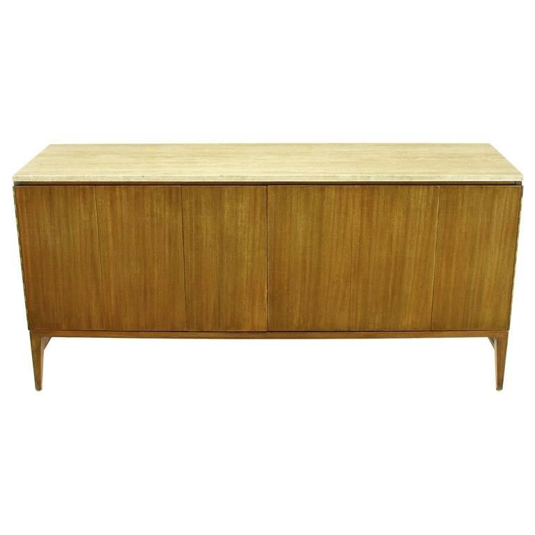 American Paul McCobb for Calvin Mahogany and Travertine Dresser with Dual Tri-Fold Doors For Sale