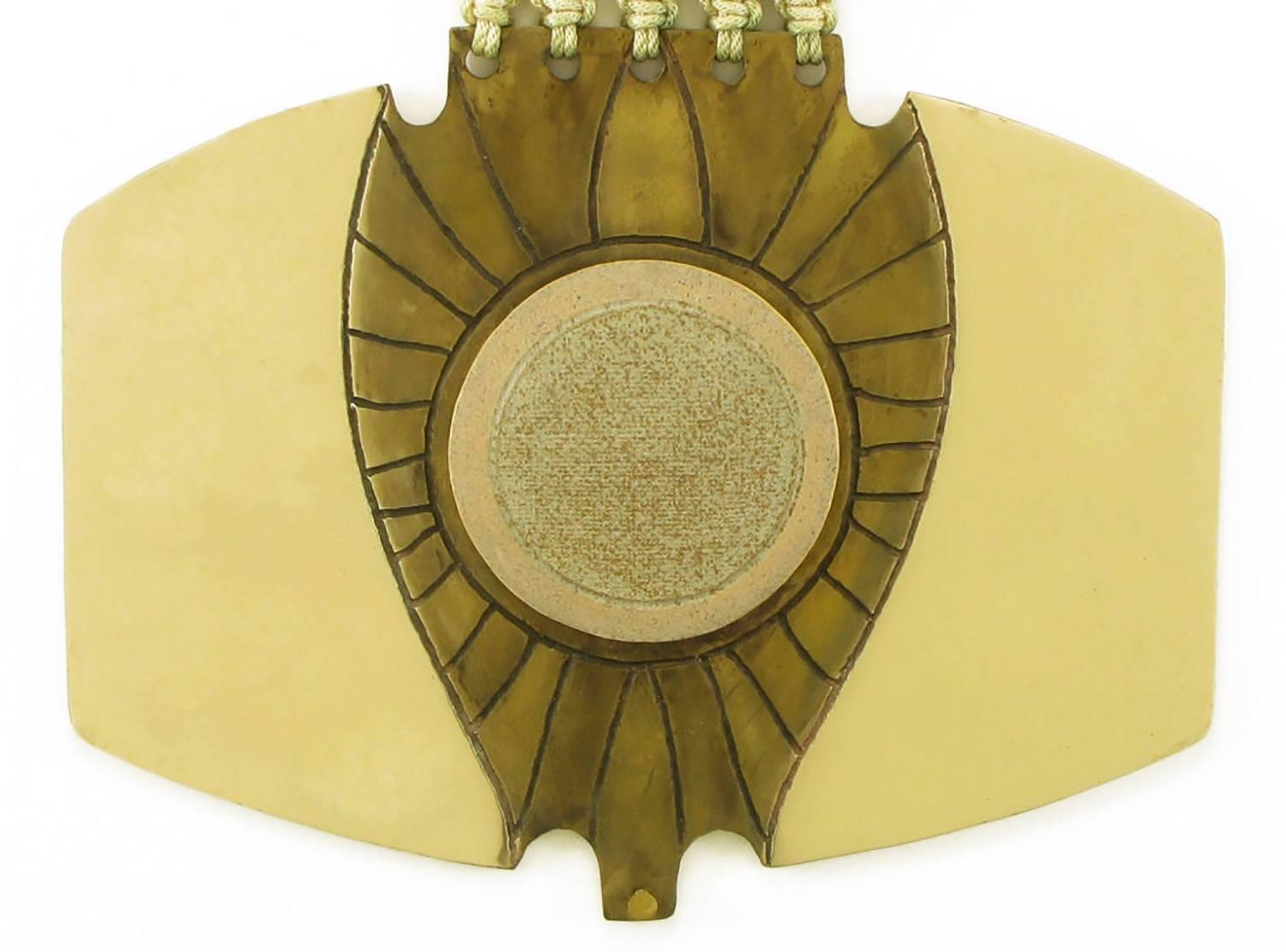 American Columbian-Inspired Brass and Terra Cotta Medallion Sculpture on Woven Mount For Sale