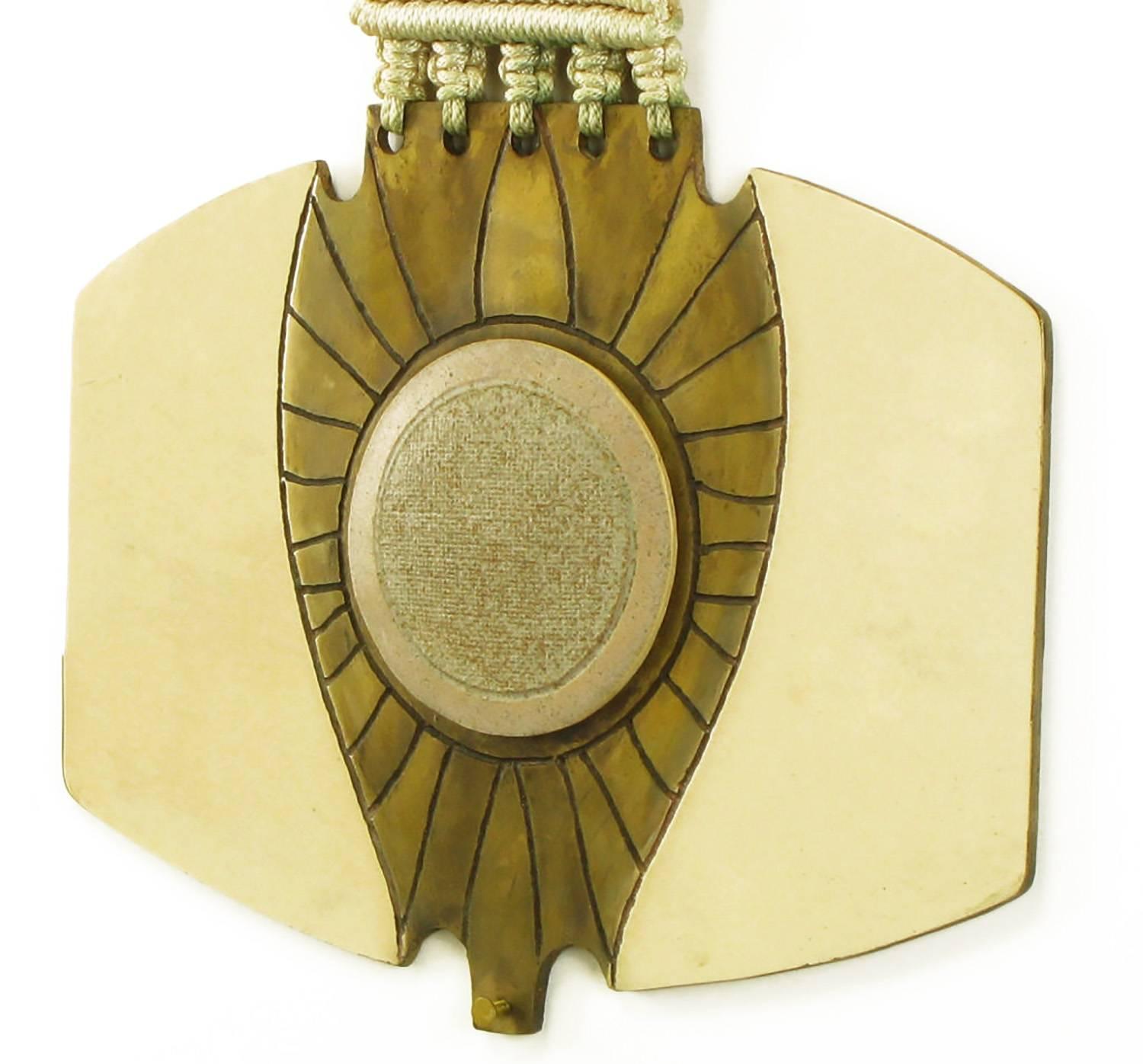 Columbian-Inspired Brass and Terra Cotta Medallion Sculpture on Woven Mount In Excellent Condition For Sale In Chicago, IL