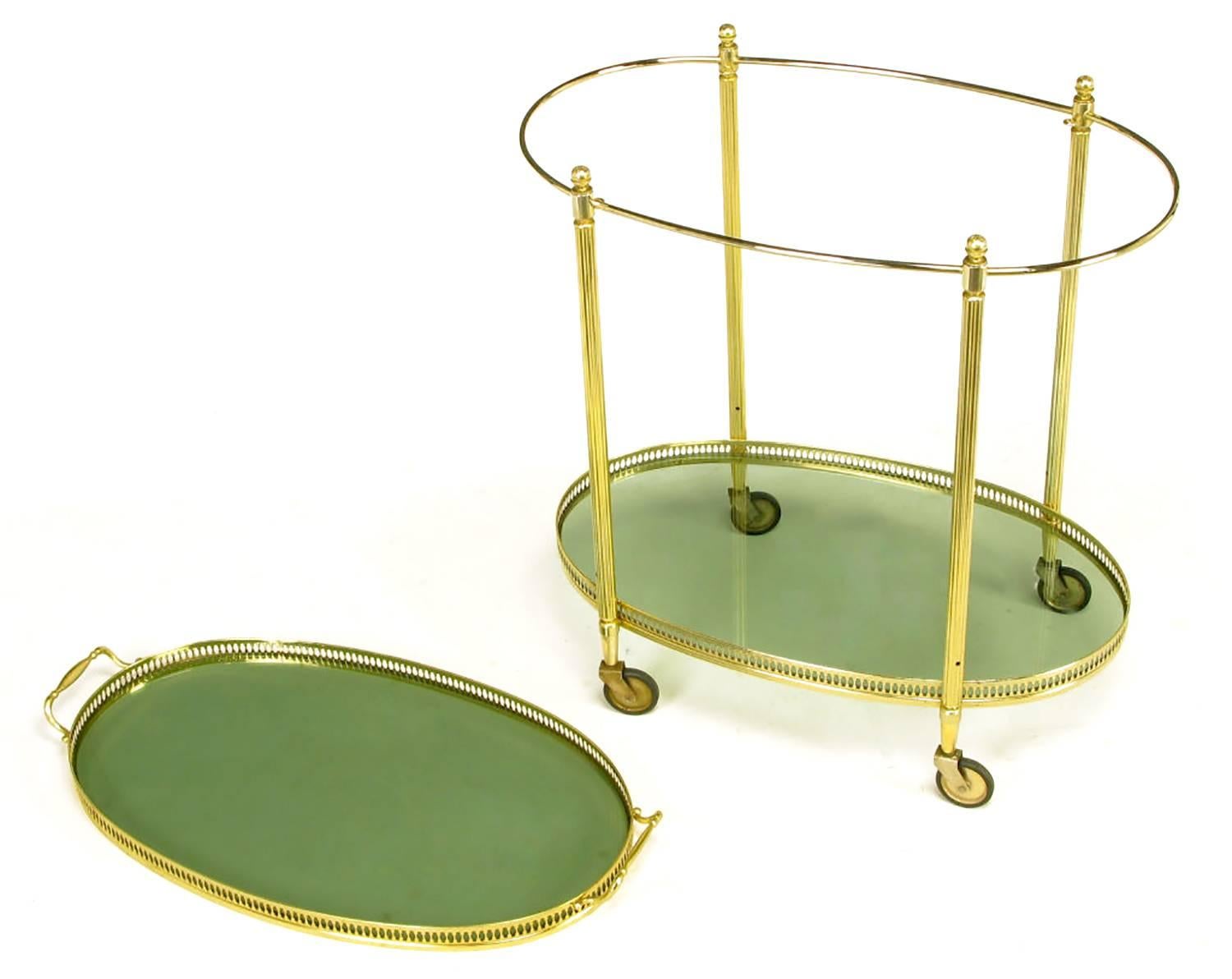 American Pierced and Reeded Brass Two-Tier Oval Tray-Top Bar Cart