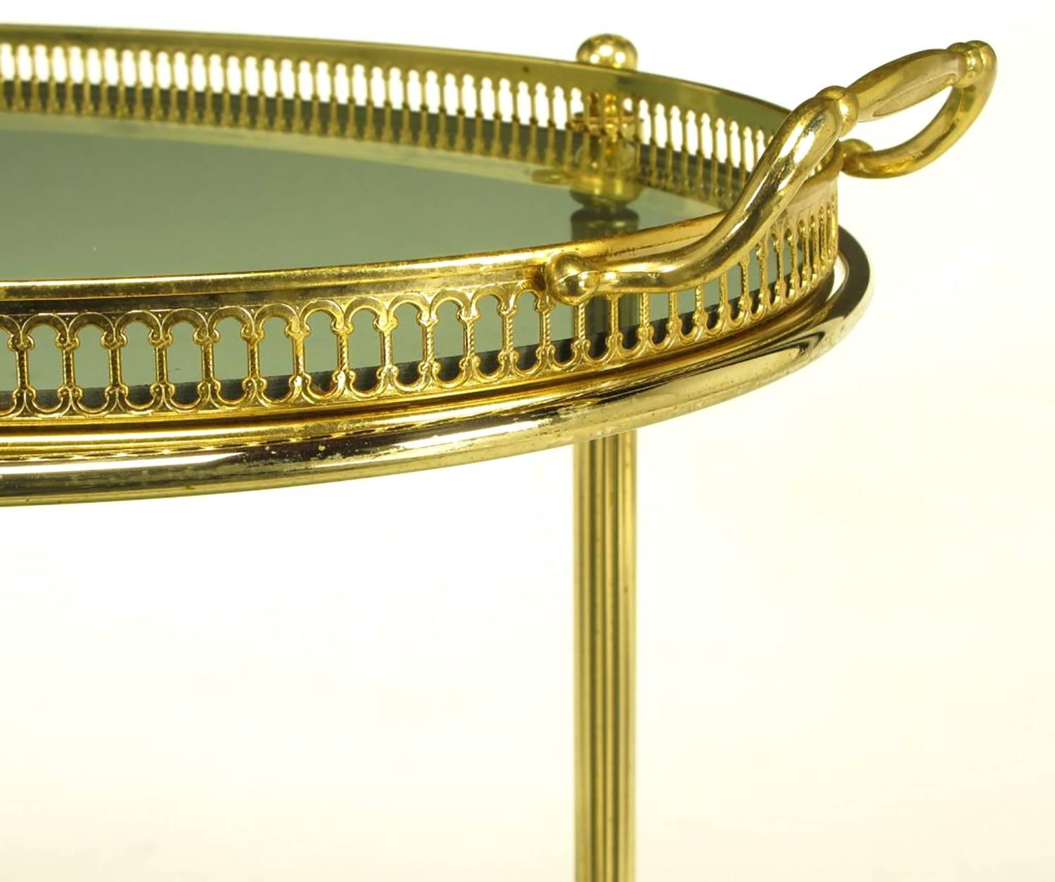 Mid-20th Century Pierced and Reeded Brass Two-Tier Oval Tray-Top Bar Cart