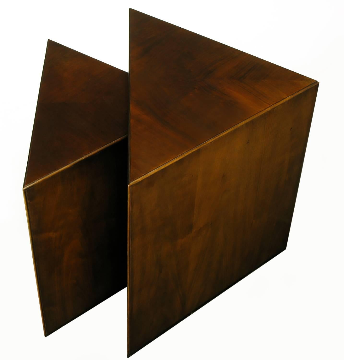 Pair of Baler Furniture nesting tables constructed of cherry. Uncommon design with excellent build quality. Their triangular shape creates a unique look for the versatile nesting tables.