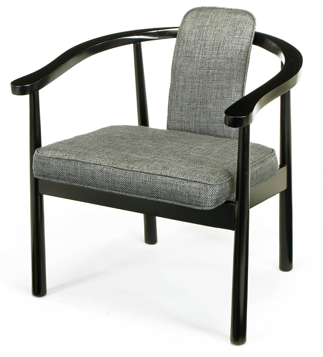 American Six Slate Grey Linen Upholstered and Ebonized Yoke Arm Dining Chairs For Sale
