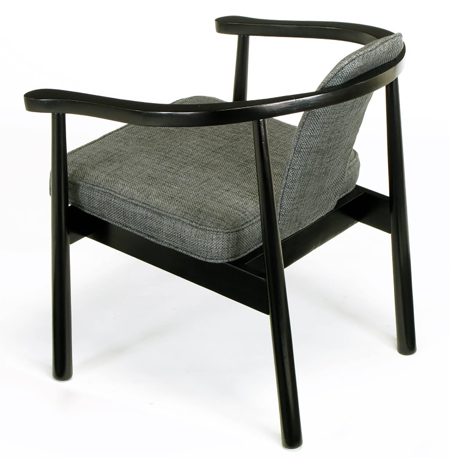 Late 20th Century Six Slate Grey Linen Upholstered and Ebonized Yoke Arm Dining Chairs For Sale
