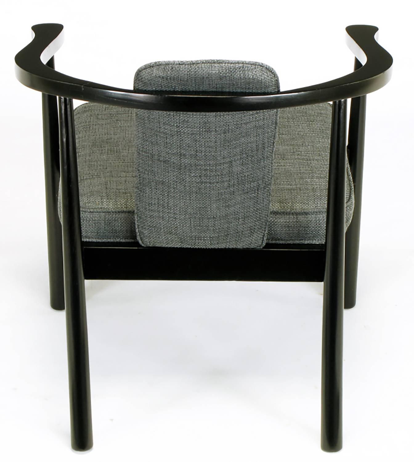 Wood Six Slate Grey Linen Upholstered and Ebonized Yoke Arm Dining Chairs For Sale