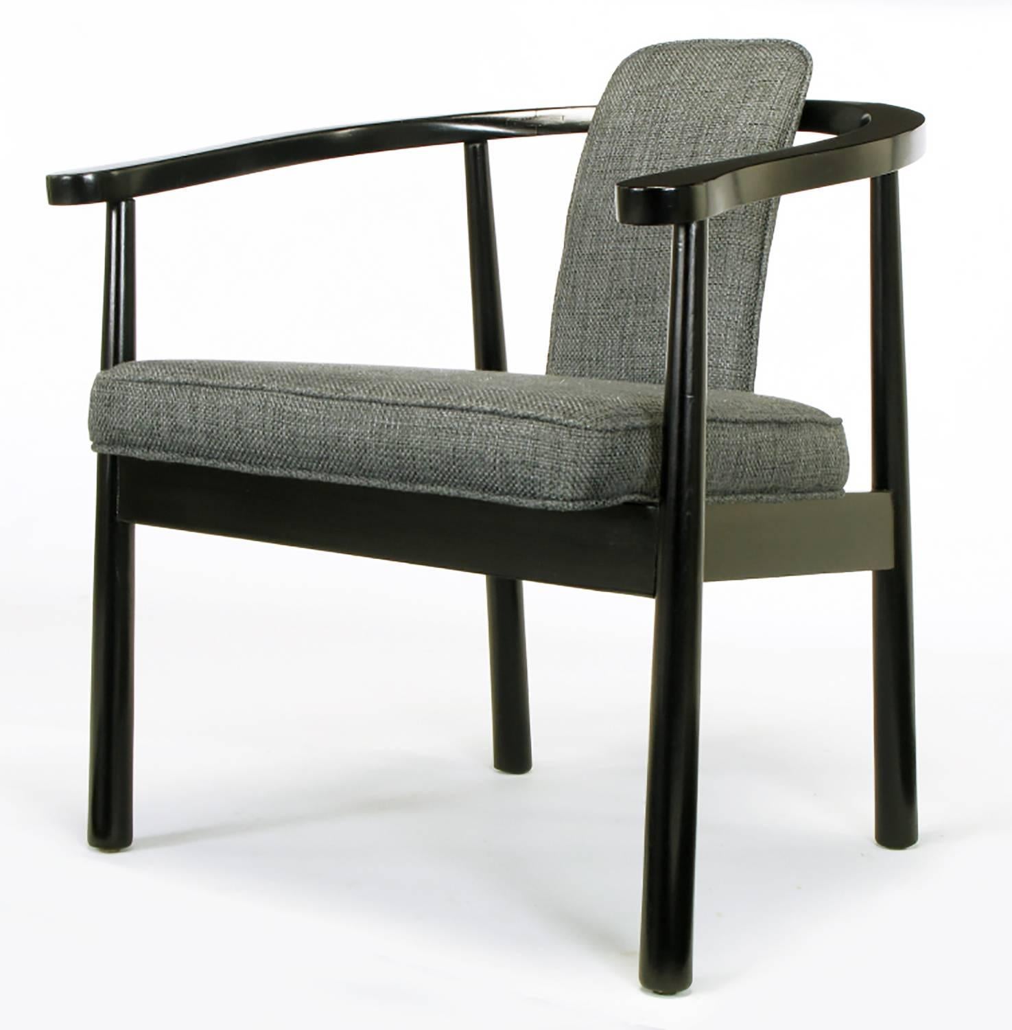 Six Slate Grey Linen Upholstered and Ebonized Yoke Arm Dining Chairs For Sale 1
