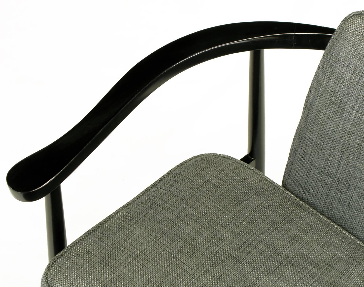 Six Slate Grey Linen Upholstered and Ebonized Yoke Arm Dining Chairs For Sale 2