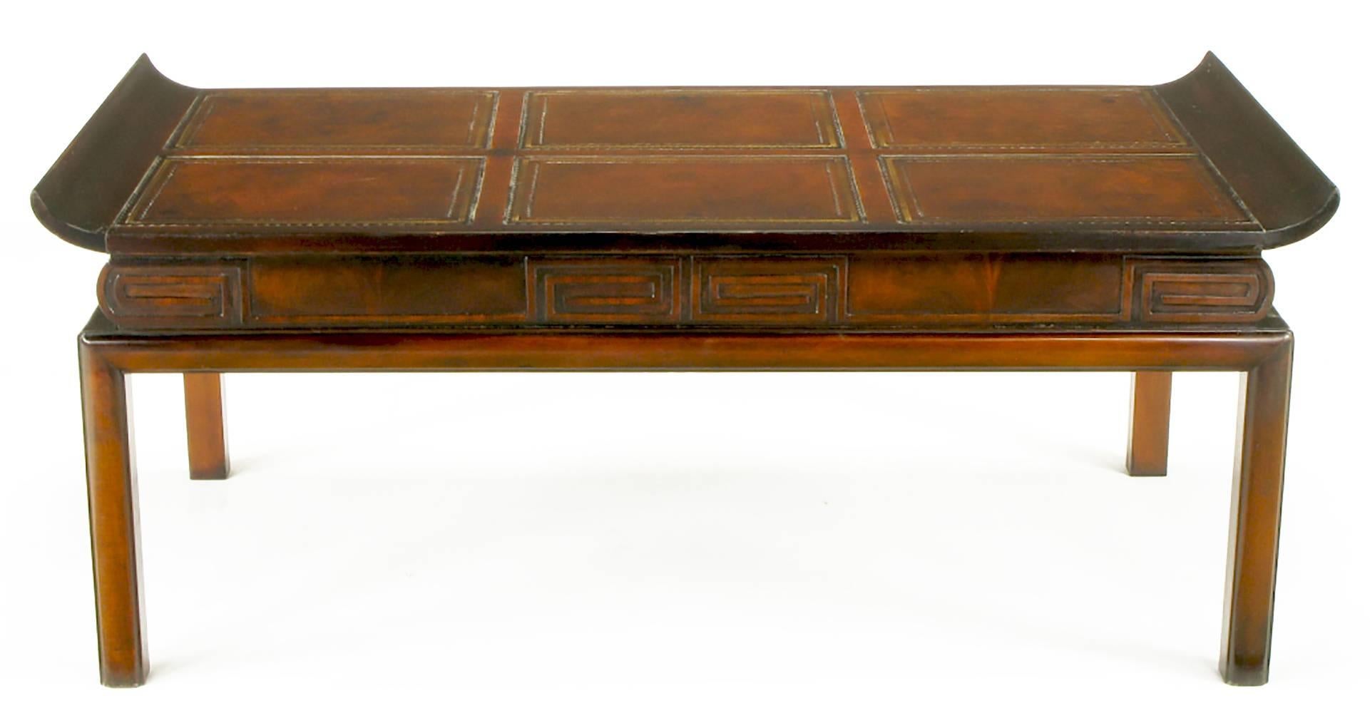 Chinese Chippendale 1940s Mahogany and Leather Pagoda Top Greek Key Coffee Table