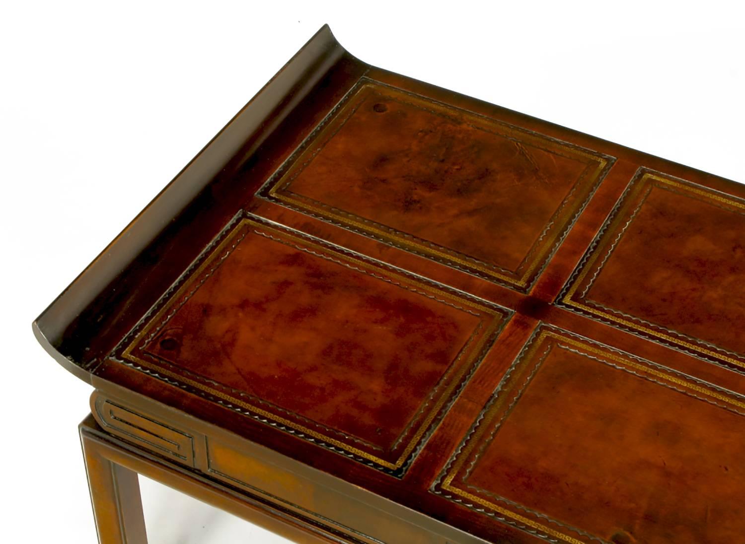 Mid-20th Century 1940s Mahogany and Leather Pagoda Top Greek Key Coffee Table