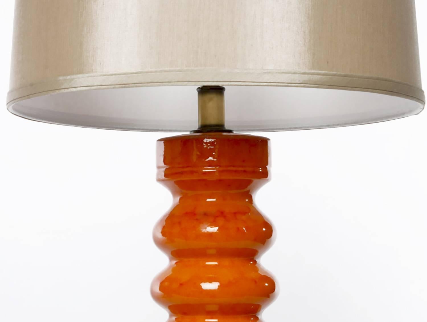 Glazed Pair of Tangerine Drip-Glaze Ceramic and Brass Table Lamps
