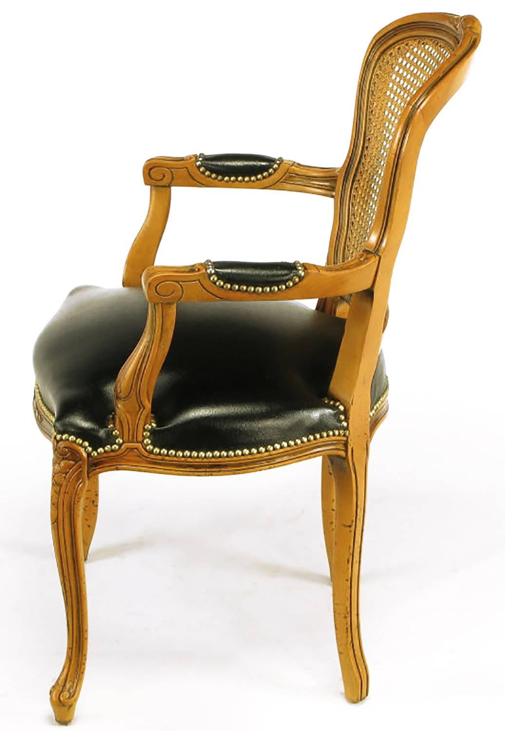 Glazed Four Italian Carved Wood and Black Leather Armchairs