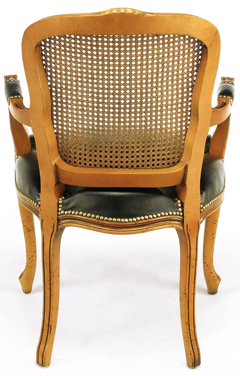 Late 20th Century Four Italian Carved Wood and Black Leather Armchairs