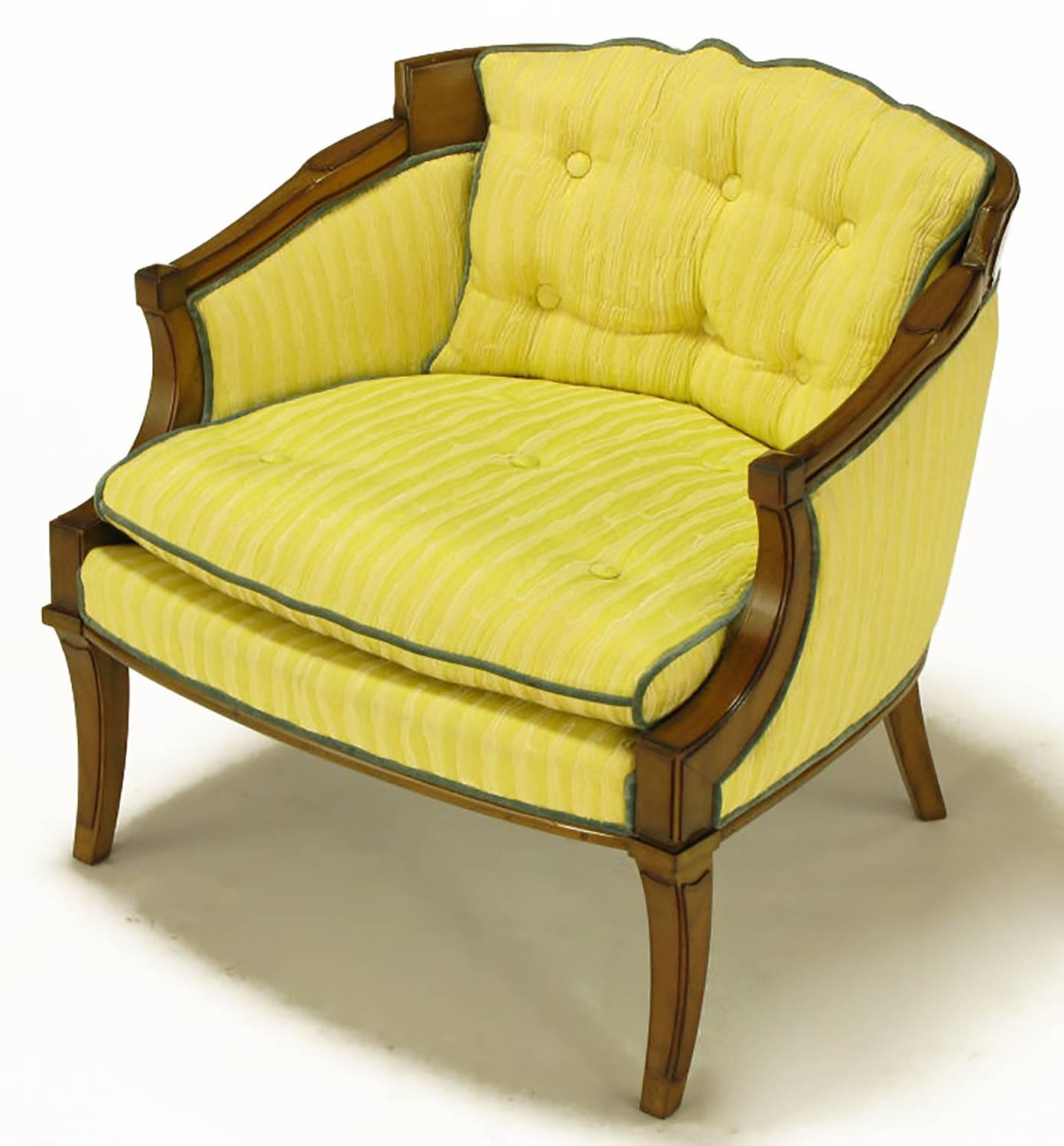 American Pair of Oxford Ltd Saffron Striped Barrel Lounge Chairs For Sale