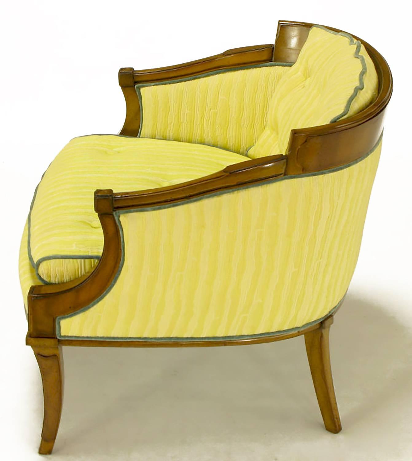 Pair of Oxford Ltd Saffron Striped Barrel Lounge Chairs In Good Condition For Sale In Chicago, IL