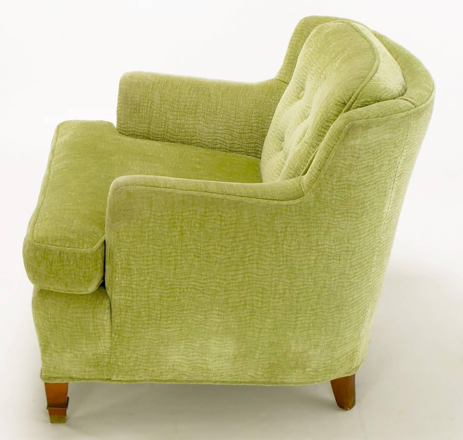 Pair of Pistachio Green Chenille Button-Tufted Low Barrel Back Wing Chairs In Good Condition In Chicago, IL