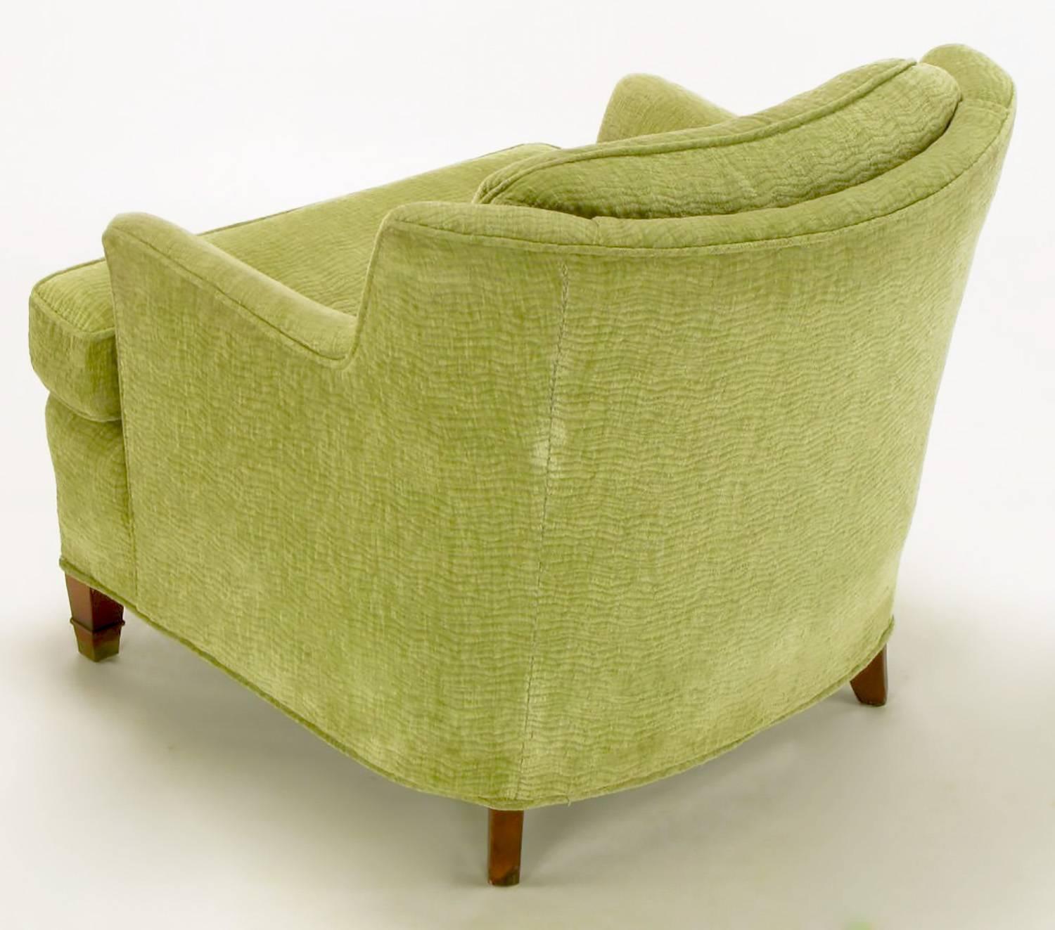 Mid-20th Century Pair of Pistachio Green Chenille Button-Tufted Low Barrel Back Wing Chairs