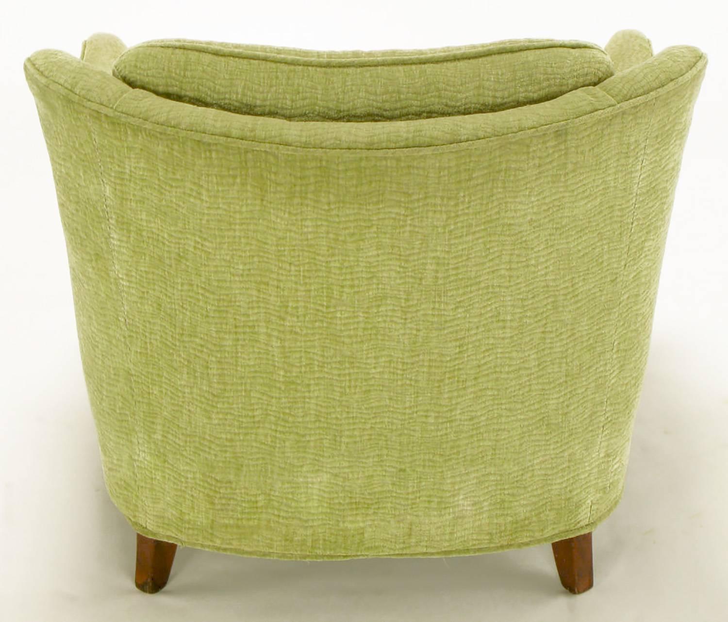 Brass Pair of Pistachio Green Chenille Button-Tufted Low Barrel Back Wing Chairs