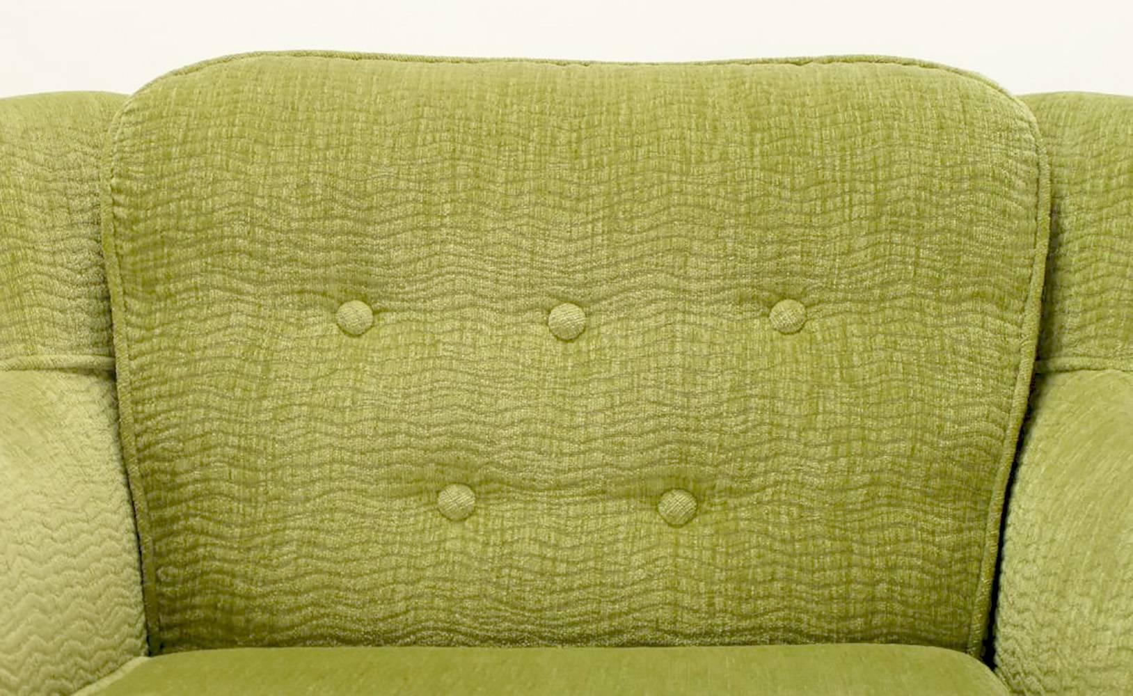 Pair of Pistachio Green Chenille Button-Tufted Low Barrel Back Wing Chairs 1