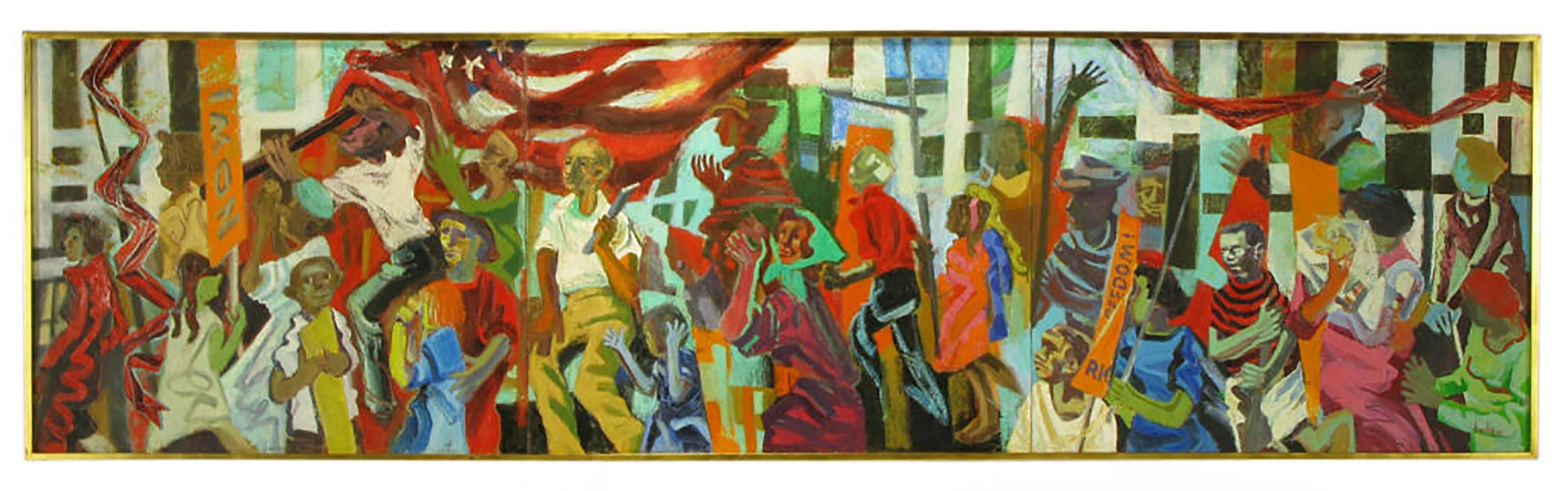 Oil on canvas triptych of the watershed 1963 March on Washington, by DC area artist Joan Miller Linsley (1922-2000). Entitled 