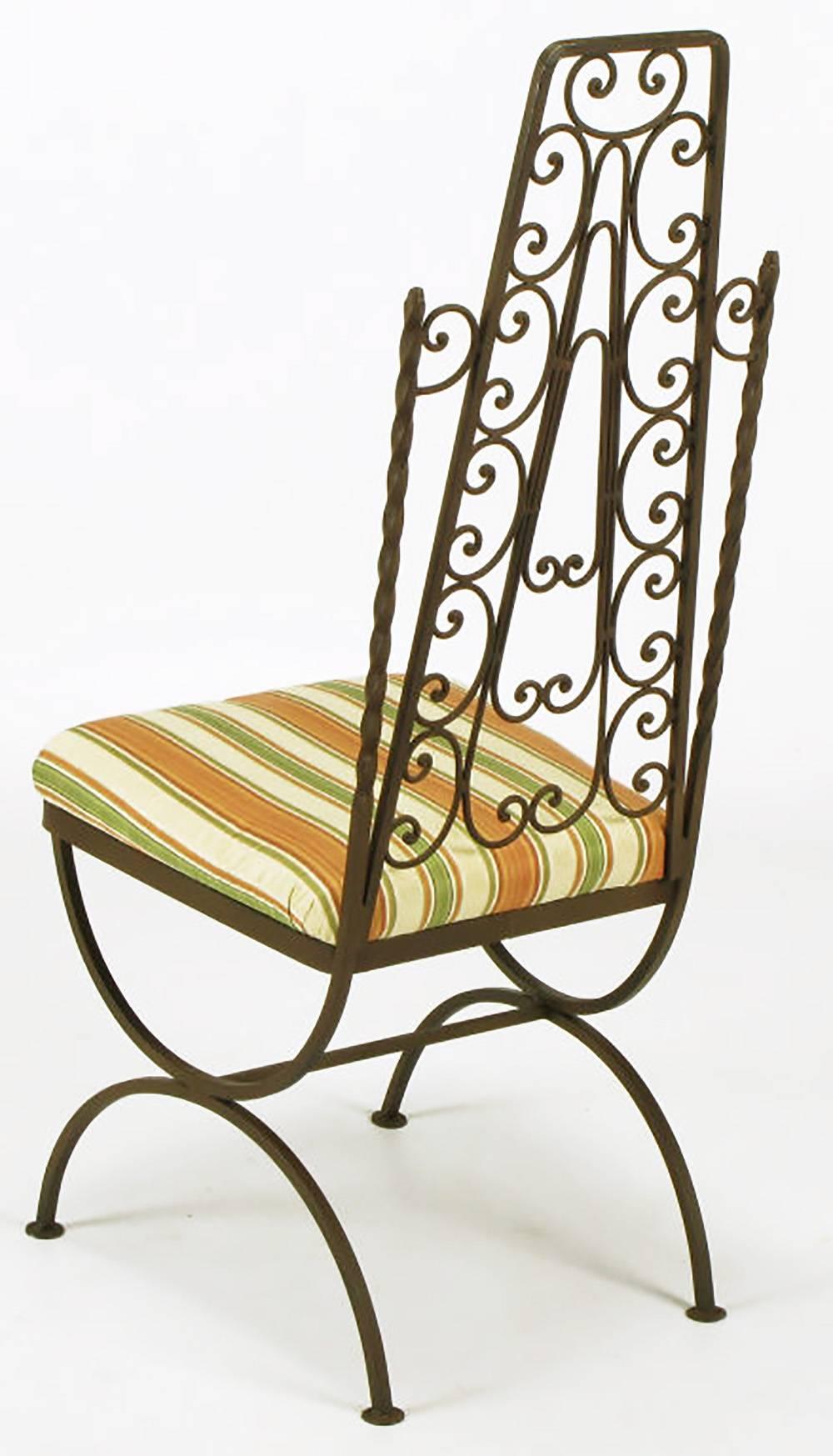 American Four Spanish Revival Wrought Iron Filigree Dining Chairs For Sale